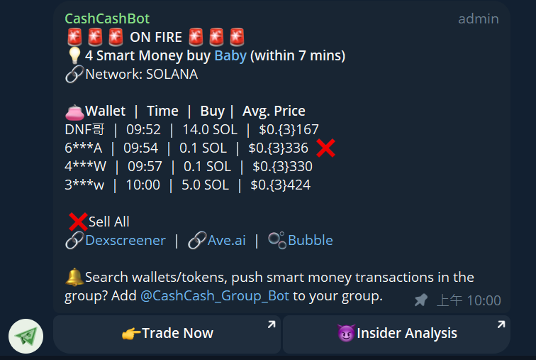 CashCash Bot Telegram Interface Showing Crypto Trading Alerts
